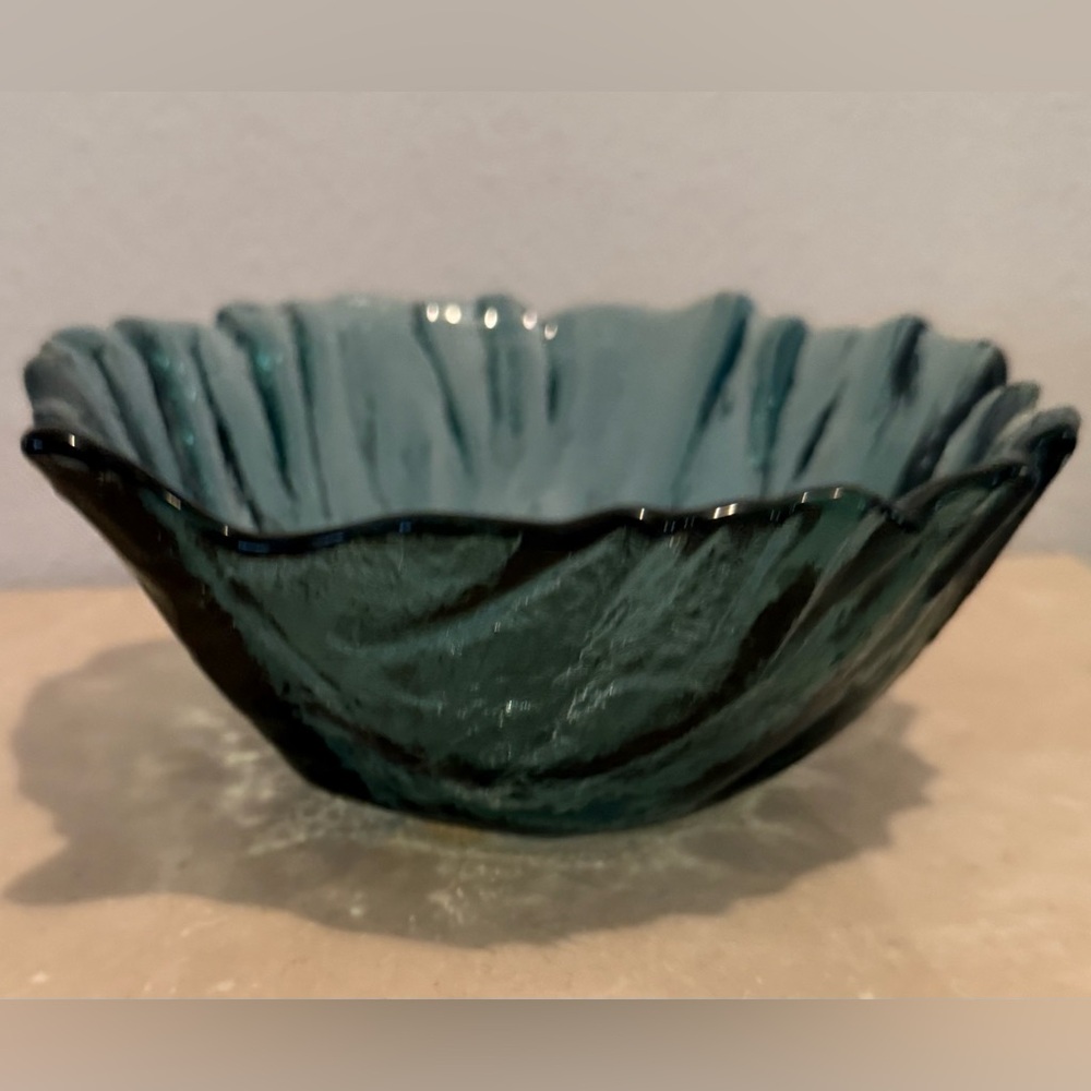 Blenko, blue, glass, leaf bowl. 6.5”